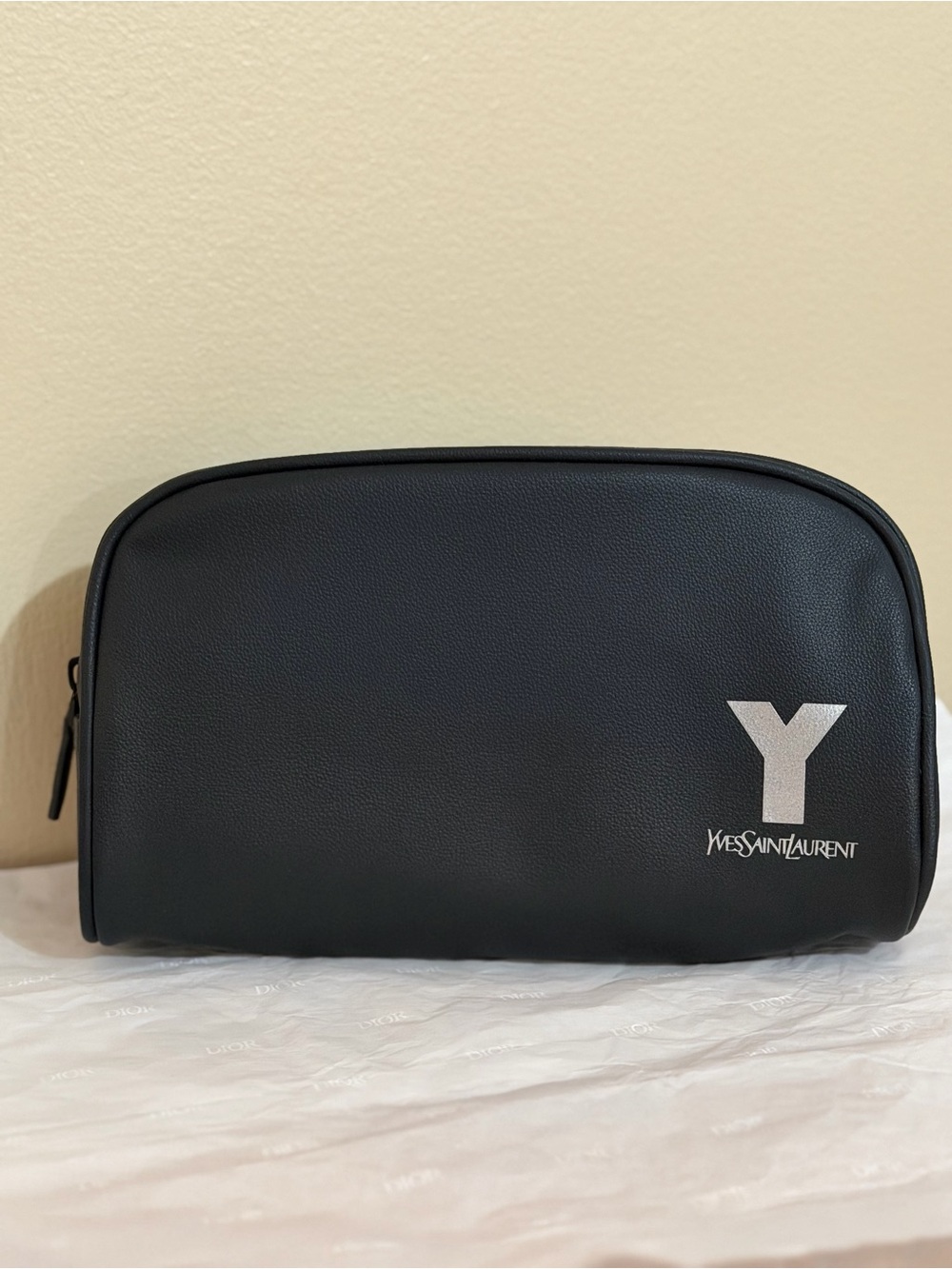 Yves Saint Laurent Black Leather Toiletry Case with Silver 'Y' Logo